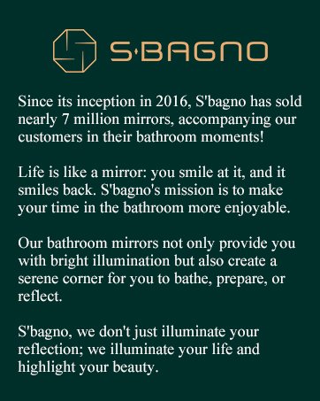 S'bagno bathroom mirror advertisement. Green background with gold logo and text describing the company's history and product benefits.