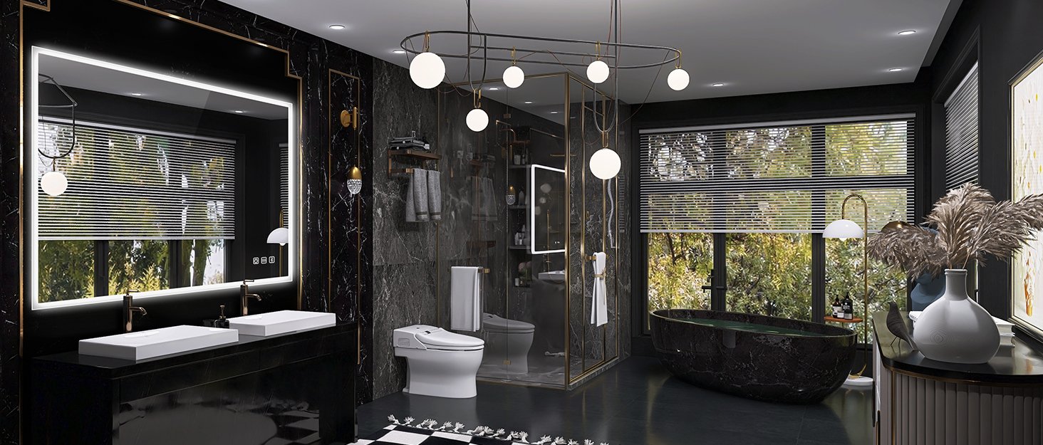 Modern bathroom with black walls, white fixtures, glass shower enclosure, and multiple round pendant lights. Large windows offer outdoor views.
