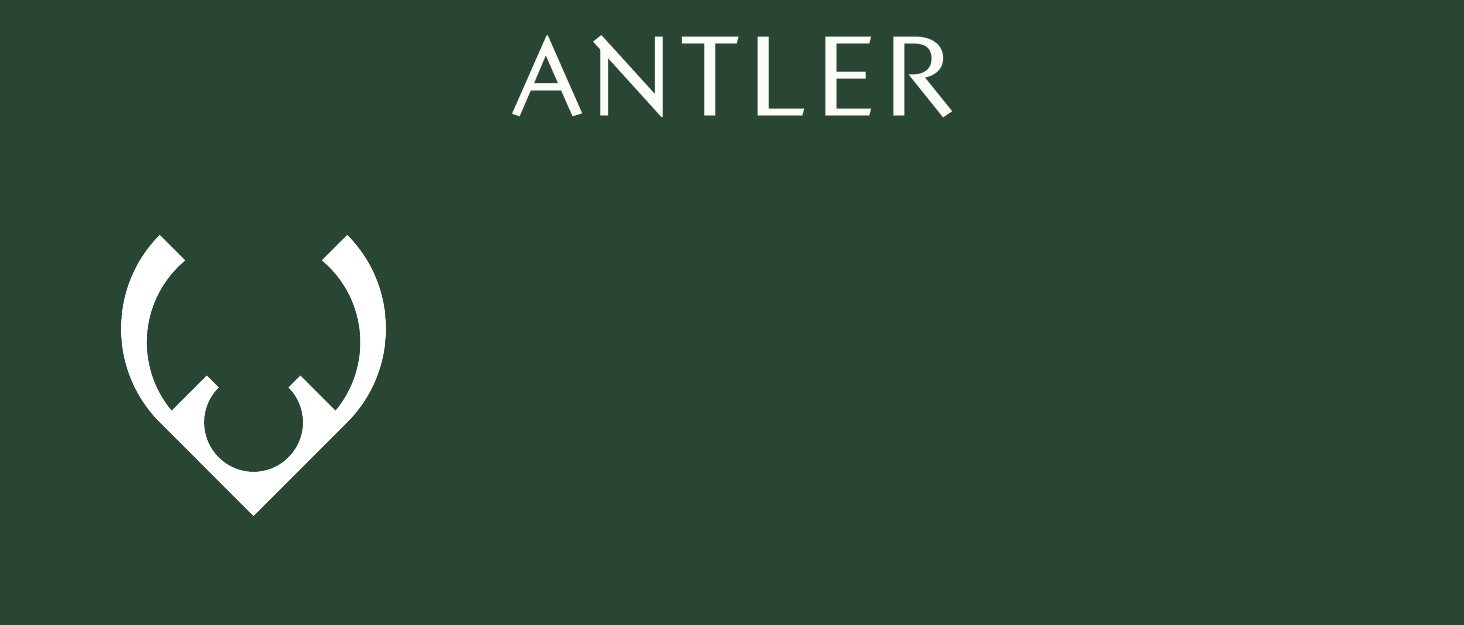 Text reads 'ANTLER'. Dark green background with white antler-shaped logo design shown in multiple variations.